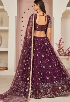 Embroidered Net Lehenga in Wine