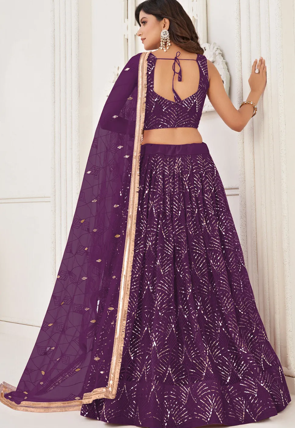Embroidered Net Lehenga in Wine
