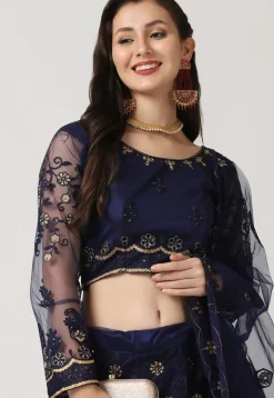 Embroidered Net Lehenga in Navy Blue