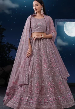 Embroidered Net Lehenga in Light Purple