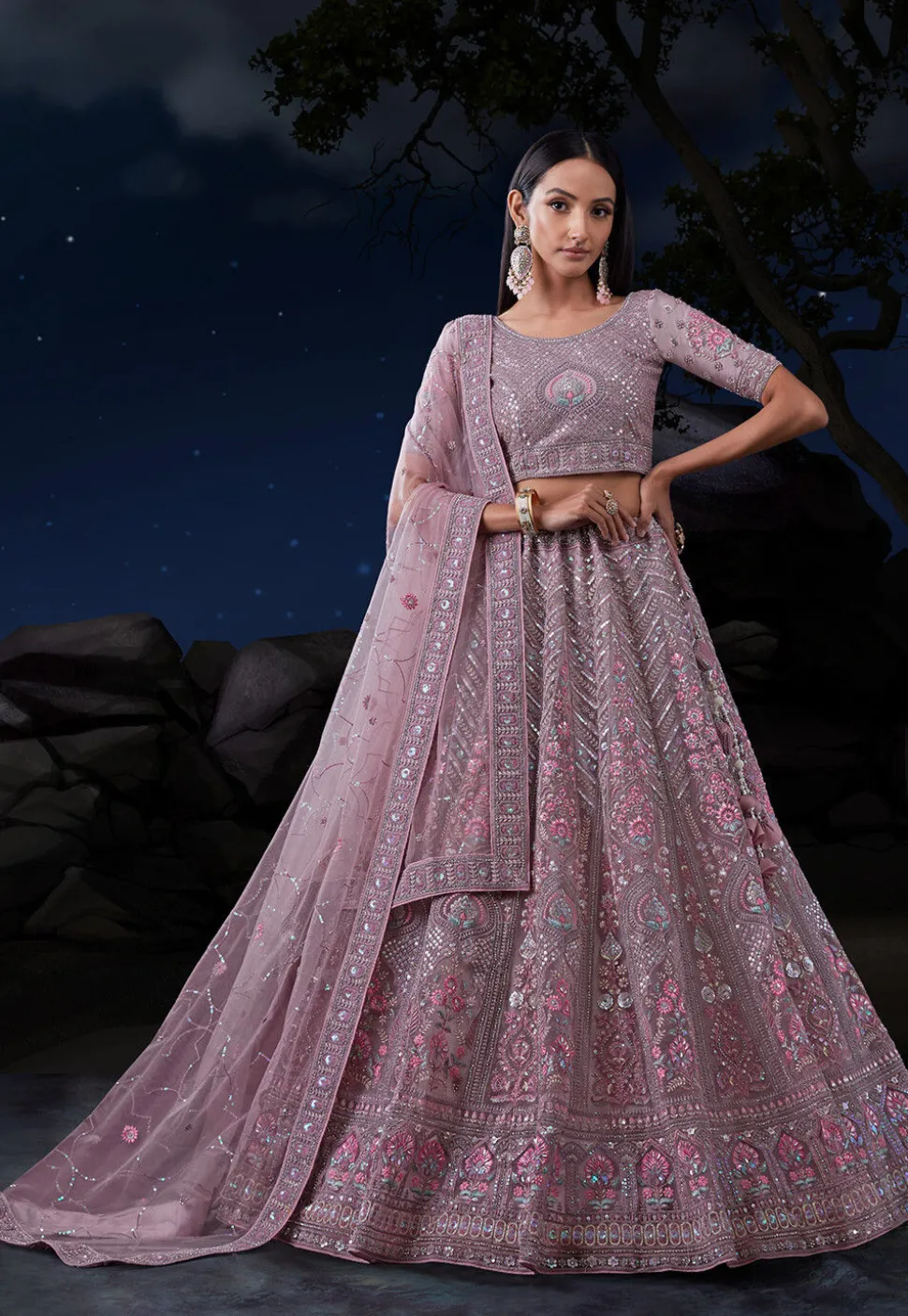 Embroidered Net Lehenga in Light Purple