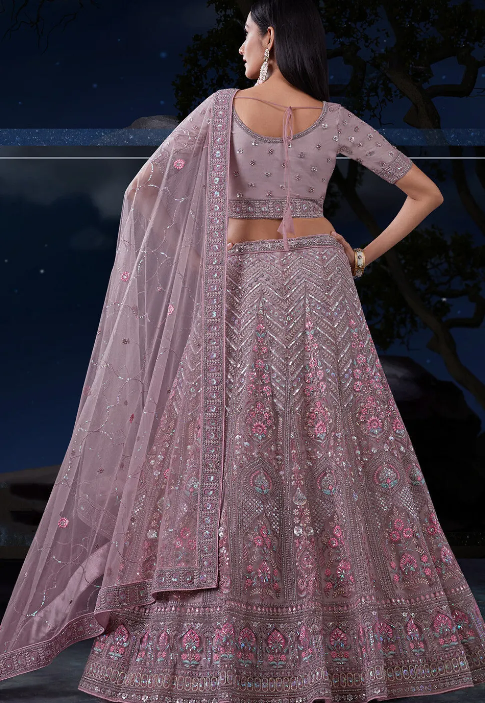 Embroidered Net Lehenga in Light Purple