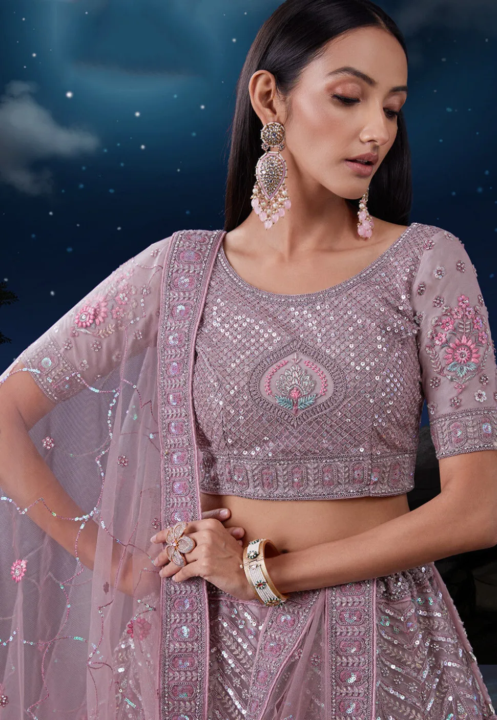 Embroidered Net Lehenga in Light Purple