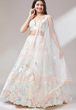 Embroidered Net Lehenga in Off White