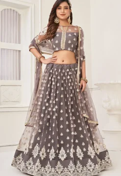 Embroidered Net Lehenga in Grey