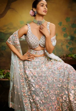 Embroidered Net Lehenga in Dusty Green