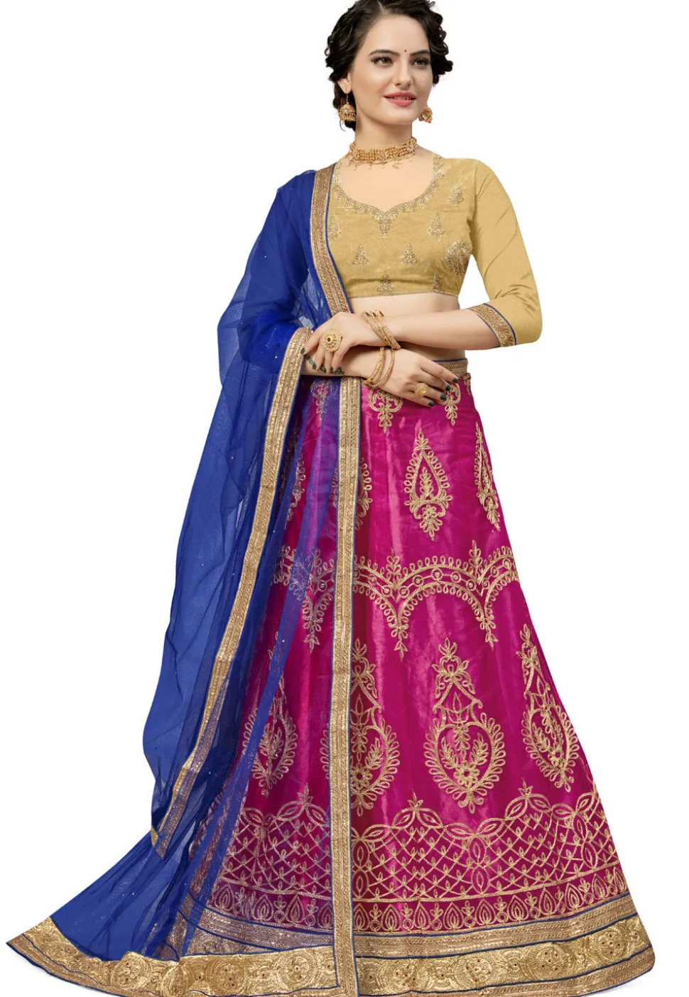 Embroidered Net Lehenga in Fuchsia