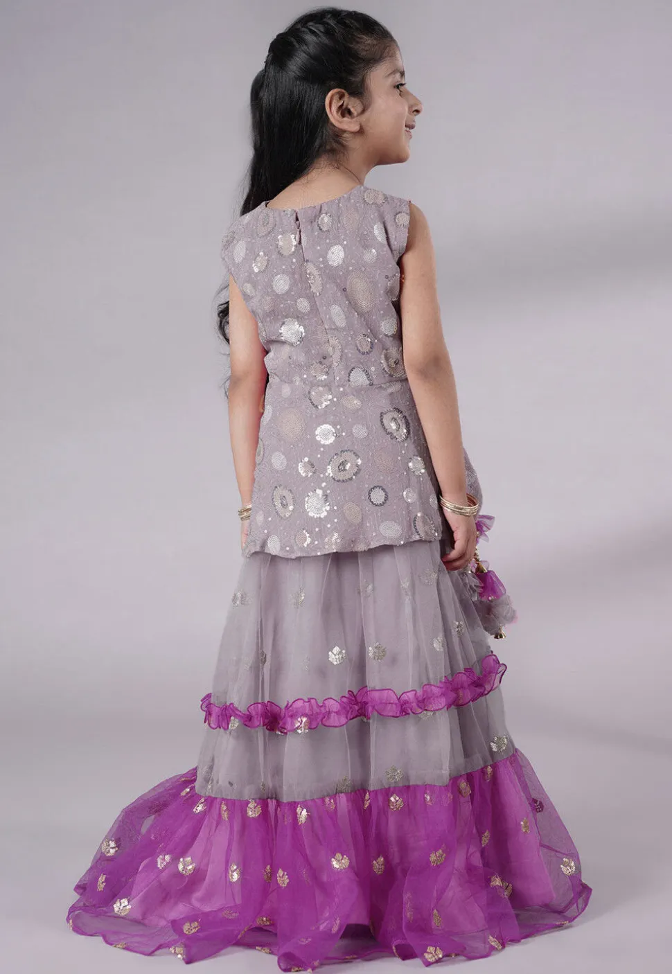 Embroidered Net Lehenga in Grey and Purple