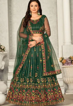 Embroidered Net Lehenga in Dark Green
