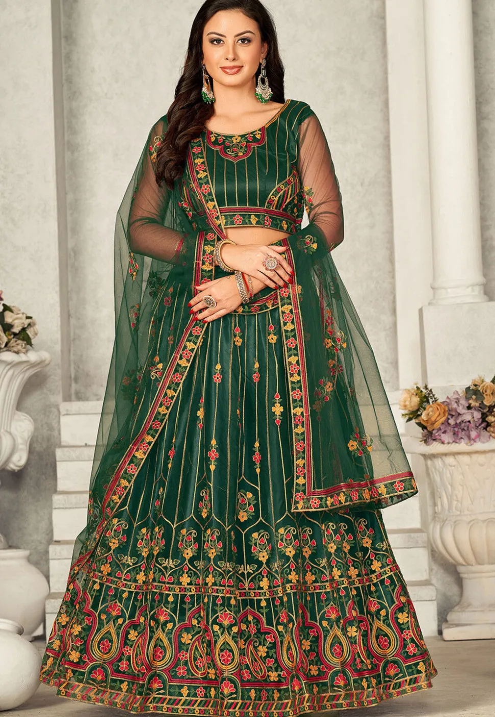 Embroidered Net Lehenga in Dark Green
