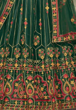 Embroidered Net Lehenga in Dark Green