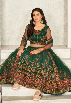 Embroidered Net Lehenga in Dark Green