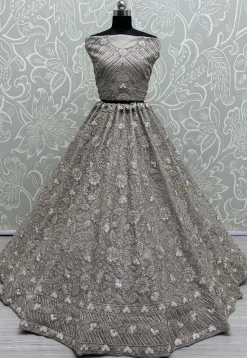 Embroidered Net Lehenga in Grey