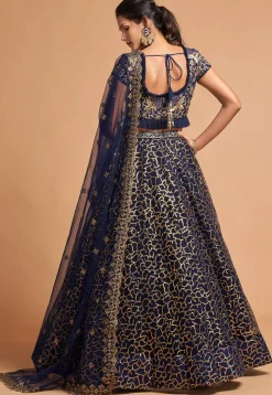 Embroidered Net Lehenga in Navy Blue