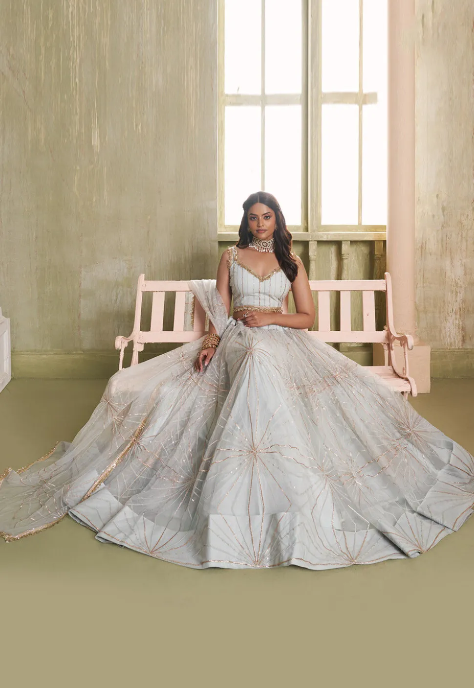 Embroidered Net Lehenga in Off White