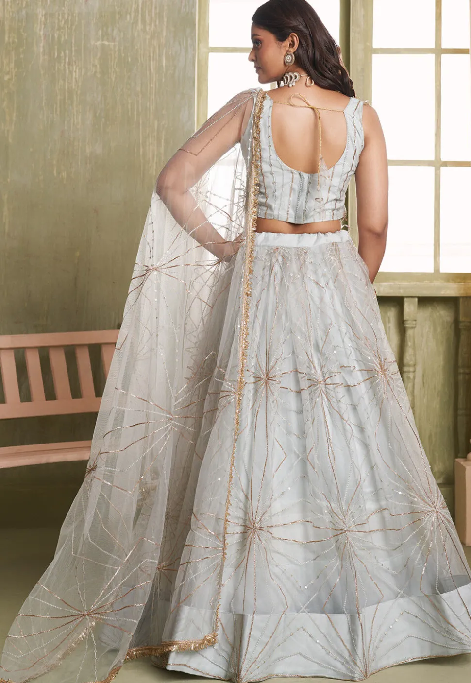 Embroidered Net Lehenga in Off White