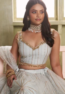 Embroidered Net Lehenga in Off White