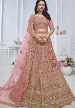 Embroidered Net Lehenga in Pink