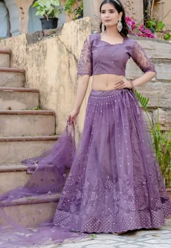 Embroidered Net Lehenga in Purple