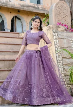 Embroidered Net Lehenga in Purple