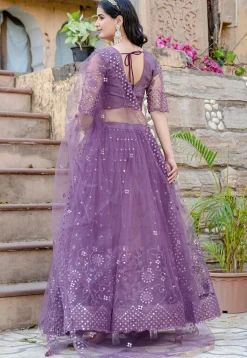 Embroidered Net Lehenga in Purple