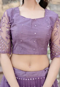 Embroidered Net Lehenga in Purple
