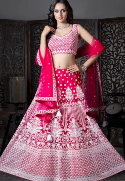 Embroidered Net Lehenga in Fuchsia