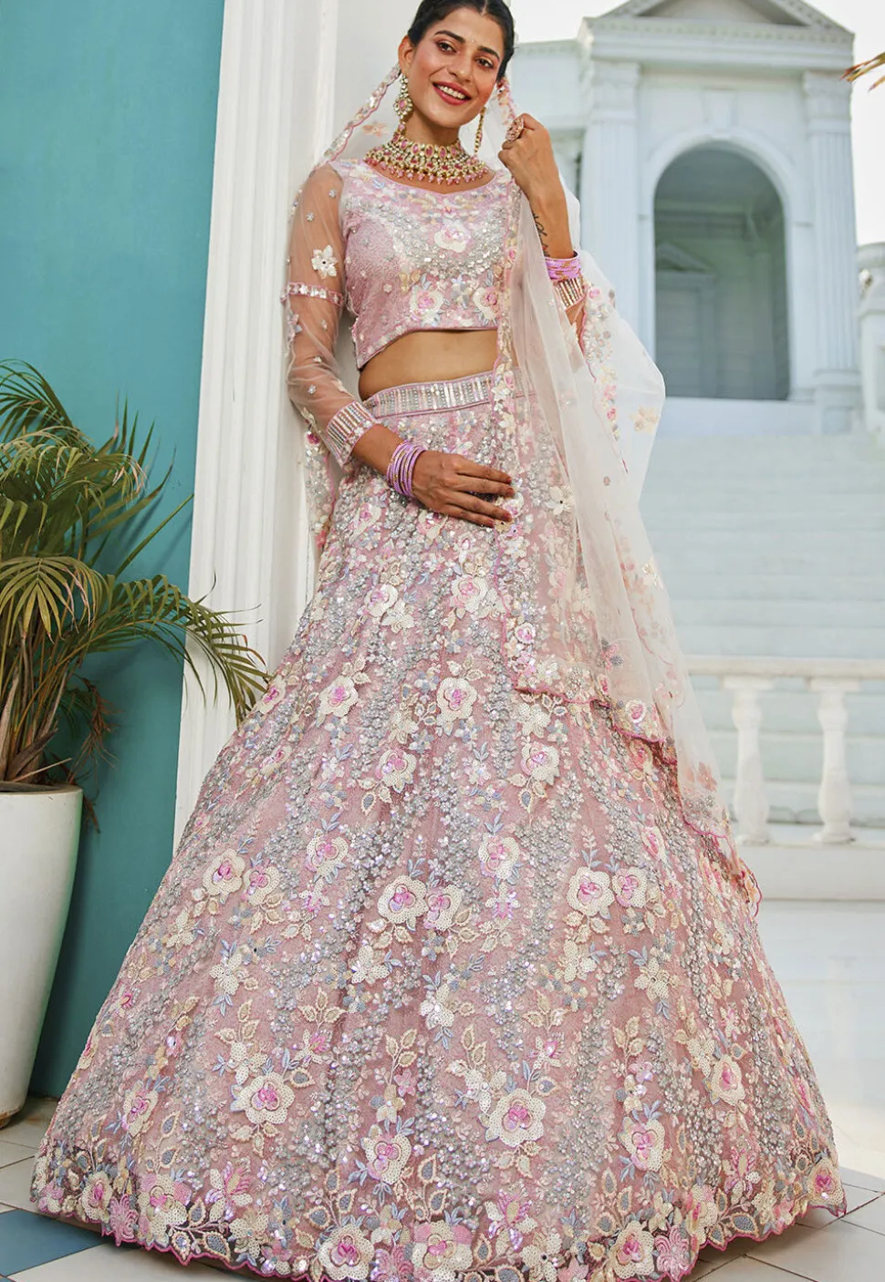 Embroidered Net Lehenga in Pink