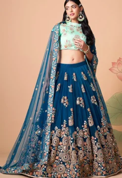 Embroidered Net Lehenga in Blue