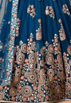 Embroidered Net Lehenga in Blue