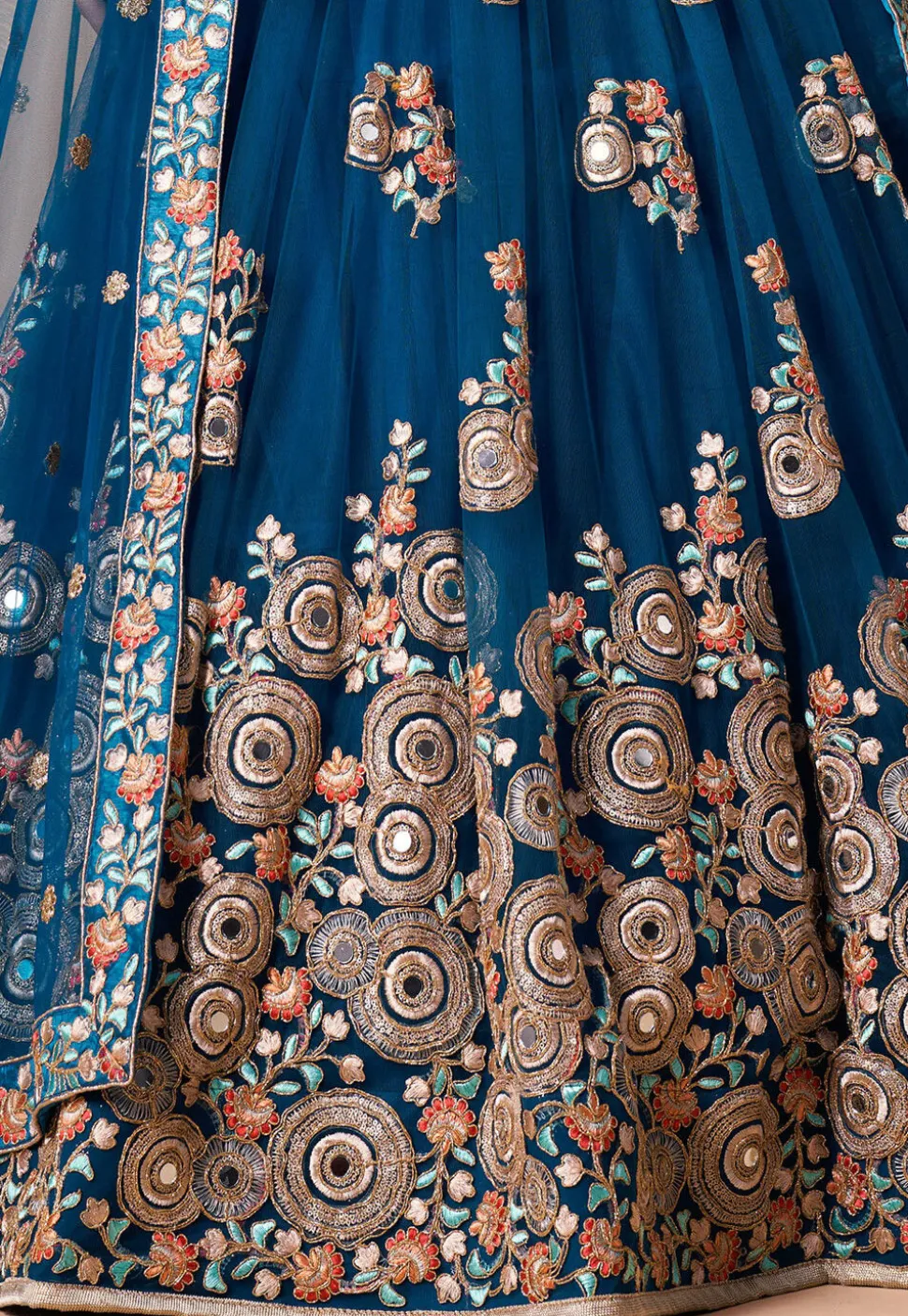Embroidered Net Lehenga in Blue