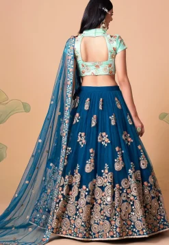 Embroidered Net Lehenga in Blue