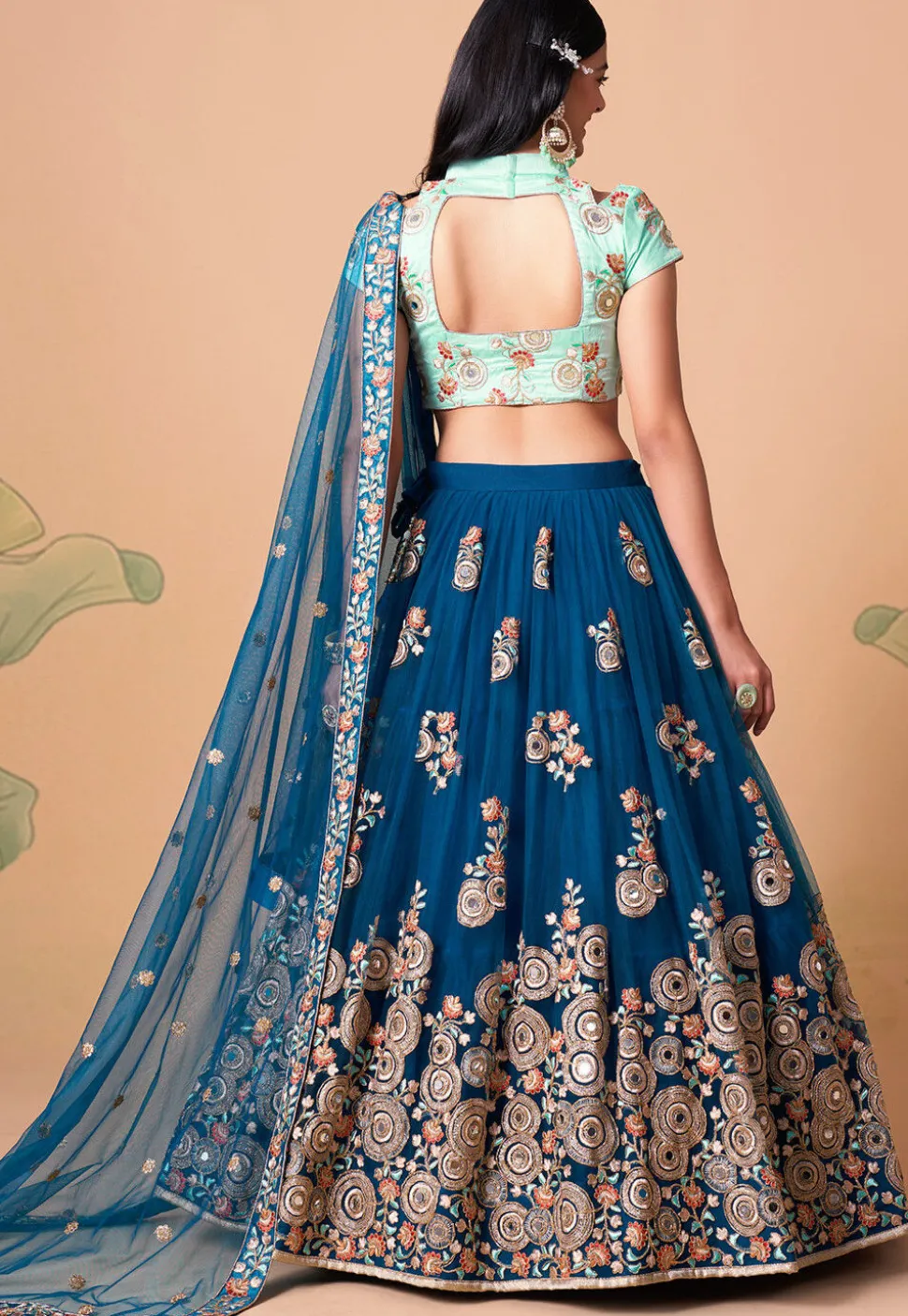 Embroidered Net Lehenga in Blue