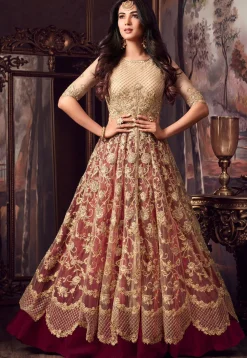 Embroidered Net Lehenga in Beige and Magenta