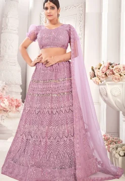 Embroidered Net Lehenga in Pink