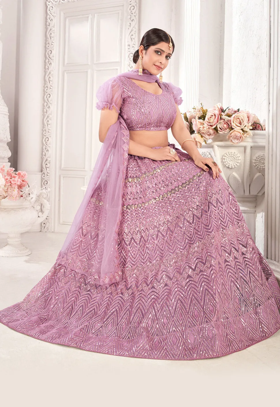 Embroidered Net Lehenga in Pink