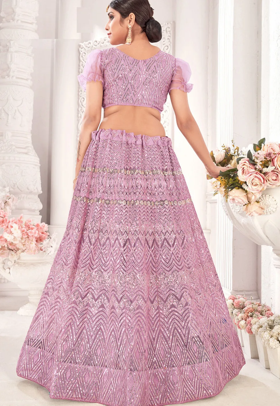 Embroidered Net Lehenga in Pink