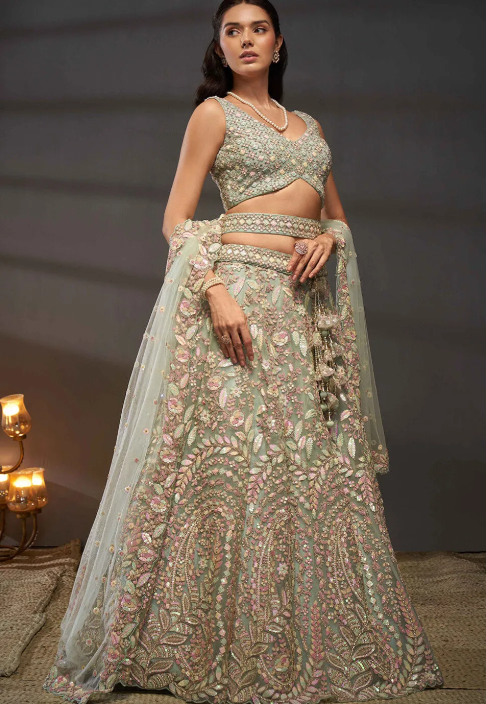 Embroidered Net Lehenga in Light Green