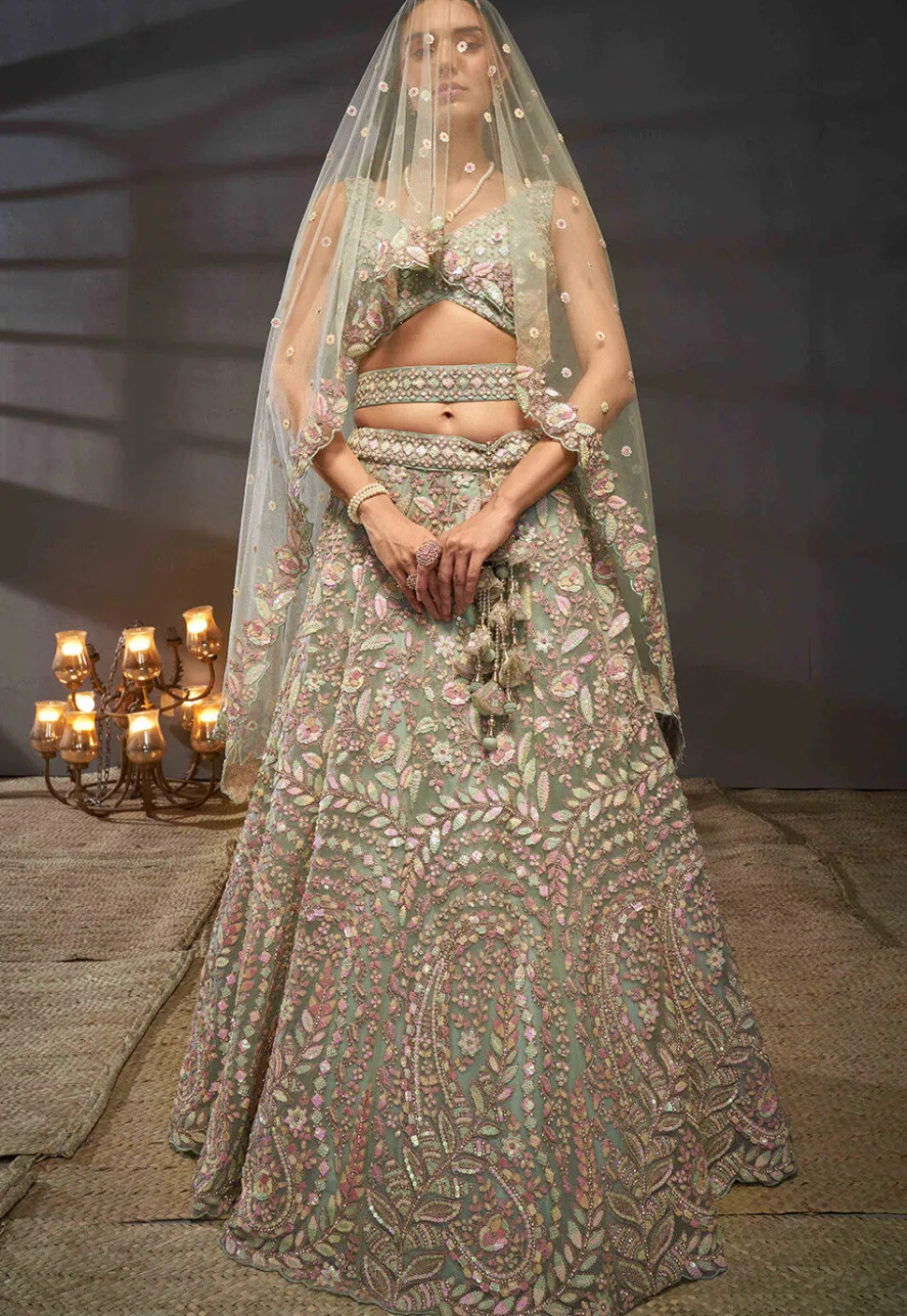 Embroidered Net Lehenga in Light Green