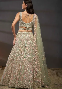 Embroidered Net Lehenga in Light Green