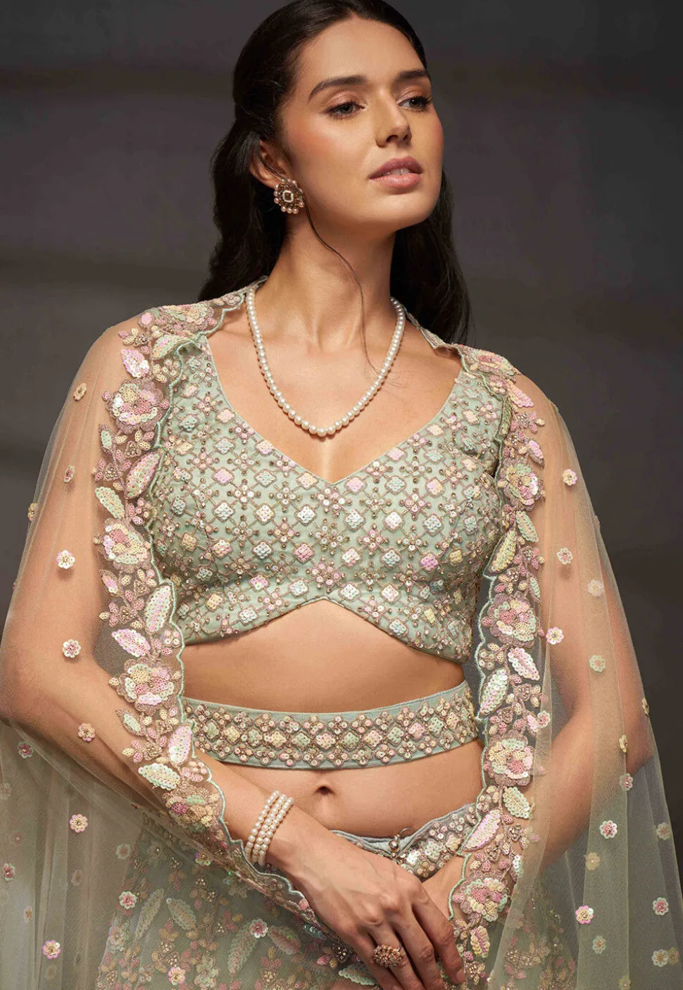 Embroidered Net Lehenga in Light Green