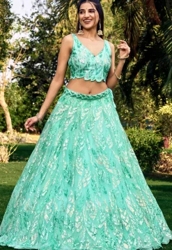 Embroidered Net Lehenga in Sea Green