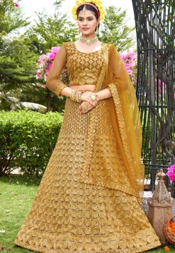 Embroidered Net Lehenga in Mustard