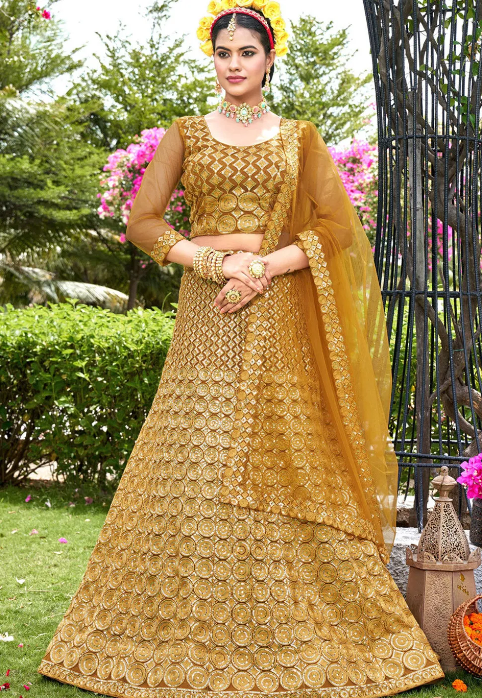 Embroidered Net Lehenga in Mustard