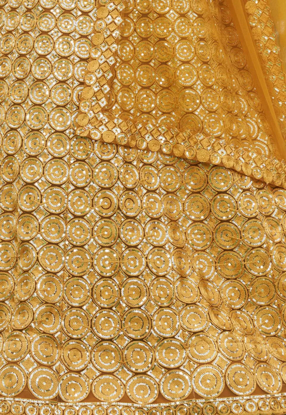 Embroidered Net Lehenga in Mustard