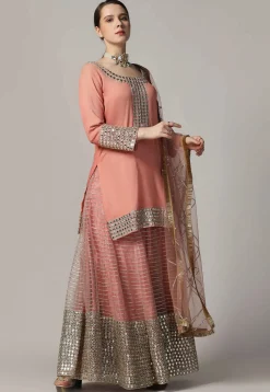 Embroidered Net Lehenga in Peach