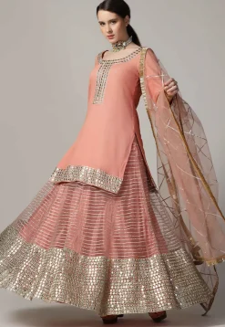 Embroidered Net Lehenga in Peach