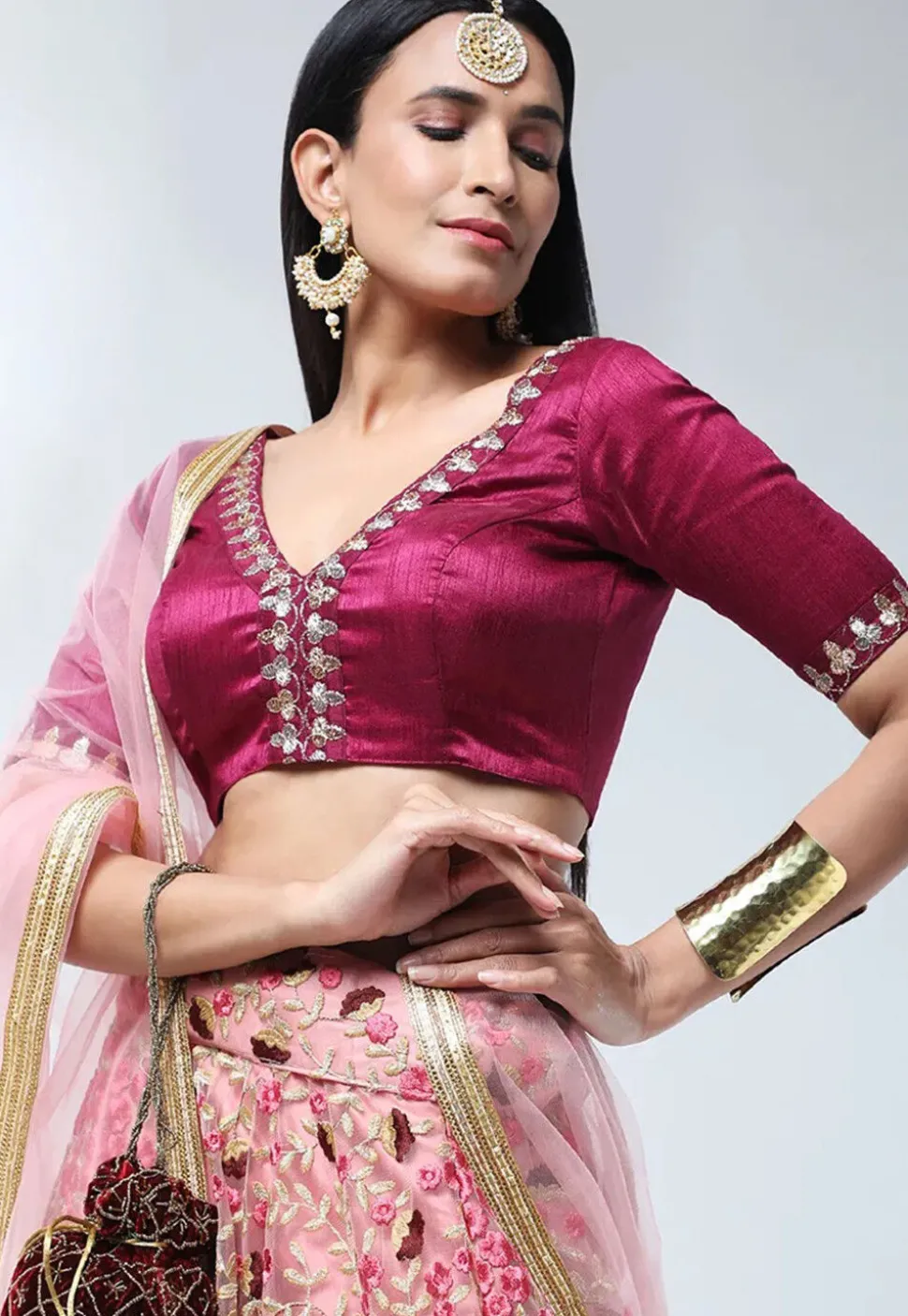 Embroidered Net Lehenga in Peach