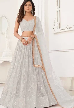 Embroidered Net Lehenga in Off White