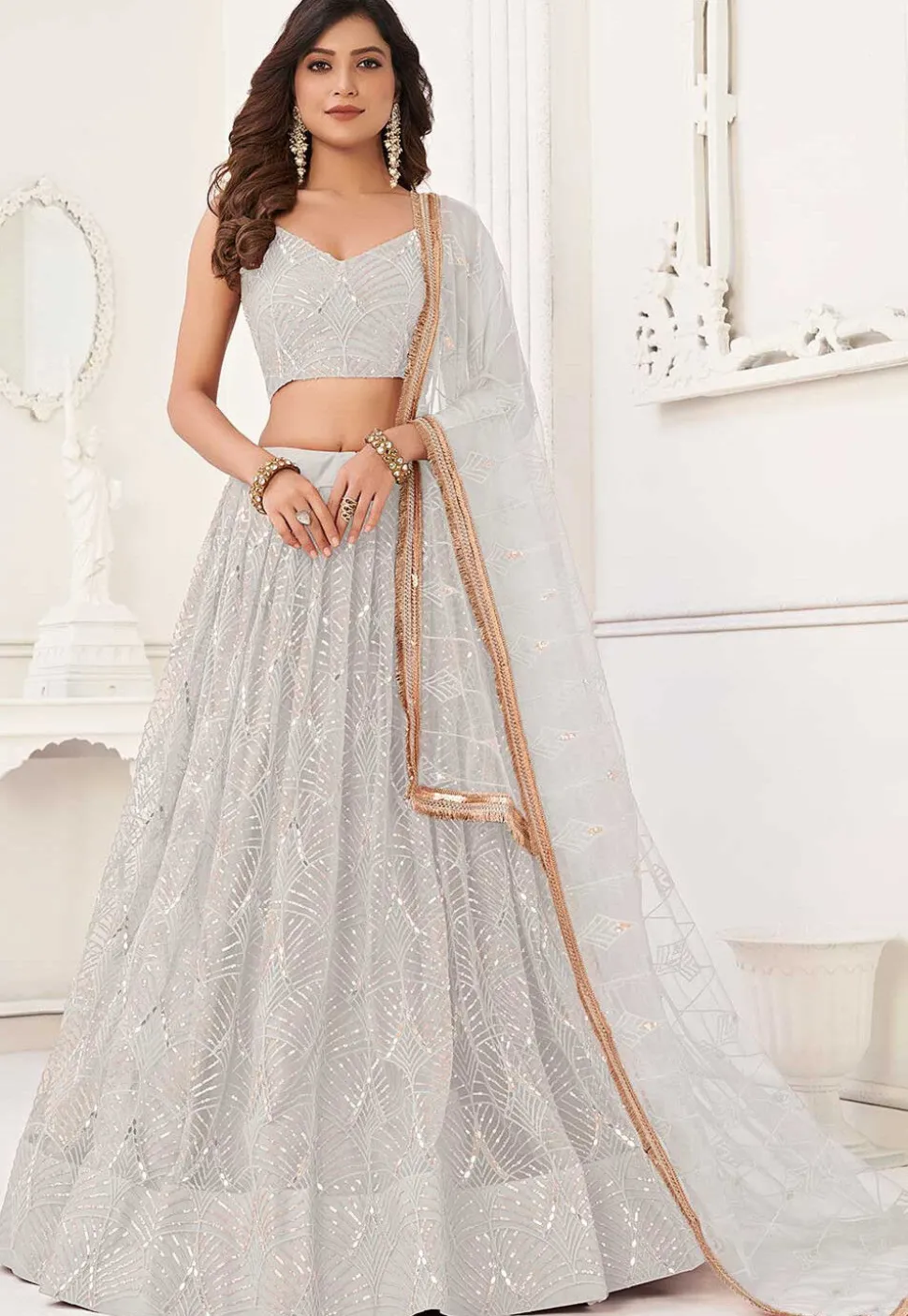 Embroidered Net Lehenga in Off White